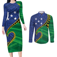 Solomon Islands Independence Day 1978 Personalised Couples Matching Long Sleeve Bodycon Dress and Long Sleeve Button Shirt Polynesian Pattern with Flag Style