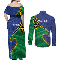 Solomon Islands Independence Day 1978 Personalised Couples Matching Off Shoulder Maxi Dress and Long Sleeve Button Shirt Polynesian Pattern with Flag Style
