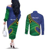 Solomon Islands Independence Day 1978 Personalised Couples Matching Off The Shoulder Long Sleeve Dress and Long Sleeve Button Shirt Polynesian Pattern with Flag Style