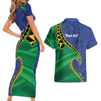 Solomon Islands Independence Day 1978 Personalised Couples Matching Short Sleeve Bodycon Dress and Hawaiian Shirt Polynesian Pattern with Flag Style