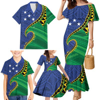 Solomon Islands Independence Day 1978 Personalised Family Matching Mermaid Dress and Hawaiian Shirt Polynesian Pattern with Flag Style