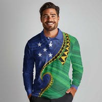 Solomon Islands Independence Day 1978 Personalised Long Sleeve Polo Shirt Polynesian Pattern with Flag Style