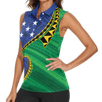 Solomon Islands Independence Day 1978 Personalised Women Sleeveless Polo Shirt Polynesian Pattern with Flag Style