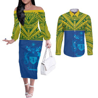 Solomon Islands Rugby Custom Couples Matching Off The Shoulder Long Sleeve Dress and Long Sleeve Button Shirt Simple Coat of arm Polynesian Pattern