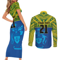 Solomon Islands Rugby Custom Couples Matching Short Sleeve Bodycon Dress and Long Sleeve Button Shirt Simple Coat of arm Polynesian Pattern