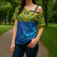 Solomon Islands Rugby Custom Cross Shoulder Shirt Simple Coat of arm Polynesian Pattern - Polynesian Pride