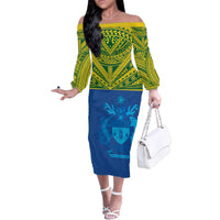 Solomon Islands Rugby Custom Family Matching Off The Shoulder Long Sleeve Dress and Hawaiian Shirt Simple Coat of arm Polynesian Pattern