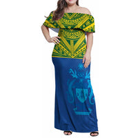 Solomon Islands Rugby Custom Family Matching Off Shoulder Maxi Dress and Hawaiian Shirt Simple Coat of arm Polynesian Pattern