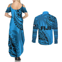 Fiji Rugby Couples Matching Summer Maxi Dress and Long Sleeve Button Shirt Kaiviti Fijian Tribal World Cup Blue No1 LT9 - Polynesian Pride