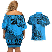 Custom Fiji Rugby Couples Matching Off Shoulder Short Dress and Hawaiian Shirt Kaiviti Fijian Tribal World Cup Blue No1 LT9 - Polynesian Pride