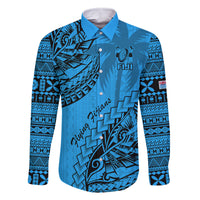 Custom Fiji Rugby Family Matching Off Shoulder Long Sleeve Dress and Hawaiian Shirt Kaiviti Fijian Tribal World Cup Blue No1 LT9 Dad's Shirt - Long Sleeve Blue - Polynesian Pride