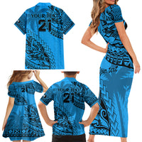 Custom Fiji Rugby Family Matching Short Sleeve Bodycon Dress and Hawaiian Shirt Kaiviti Fijian Tribal World Cup Blue No1 LT9 - Polynesian Pride