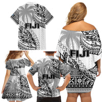Fiji Rugby Family Matching Off Shoulder Short Dress and Hawaiian Shirt Kaiviti Fijian Tribal World Cup White LT9 - Polynesian Pride
