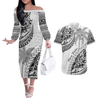 Custom Fiji Rugby Couples Matching Off The Shoulder Long Sleeve Dress and Hawaiian Shirt Kaiviti Fijian Tribal World Cup White LT9 White - Polynesian Pride