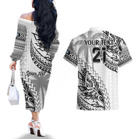 Custom Fiji Rugby Couples Matching Off The Shoulder Long Sleeve Dress and Hawaiian Shirt Kaiviti Fijian Tribal World Cup White LT9 - Polynesian Pride