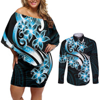 Plumeria Tribal Tattoo Couples Matching Off Shoulder Short Dress and Long Sleeve Button Shirt Blue Polynesian Pattern