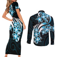 Plumeria Tribal Tattoo Couples Matching Short Sleeve Bodycon Dress and Long Sleeve Button Shirt Blue Polynesian Pattern
