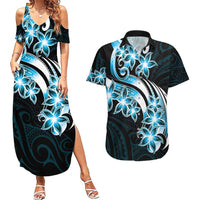 Plumeria Tribal Tattoo Couples Matching Summer Maxi Dress and Hawaiian Shirt Blue Polynesian Pattern