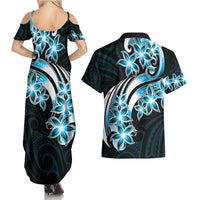 Plumeria Tribal Tattoo Couples Matching Summer Maxi Dress and Hawaiian Shirt Blue Polynesian Pattern