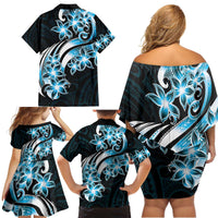 Plumeria Tribal Tattoo Family Matching Off Shoulder Short Dress and Hawaiian Shirt Blue Polynesian Pattern