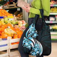 Plumeria Tribal Tattoo Grocery Bag Blue Polynesian Pattern