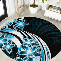 Plumeria Tribal Tattoo Round Carpet Blue Polynesian Pattern