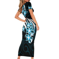 Plumeria Tribal Tattoo Short Sleeve Bodycon Dress Blue Polynesian Pattern LT9 - Polynesian Pride
