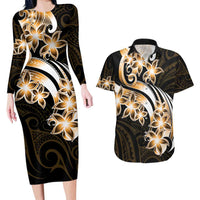 Plumeria Tribal Tattoo Couples Matching Long Sleeve Bodycon Dress and Hawaiian Shirt Gold Polynesian Pattern
