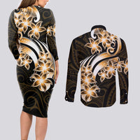 Plumeria Tribal Tattoo Couples Matching Long Sleeve Bodycon Dress and Long Sleeve Button Shirt Gold Polynesian Pattern