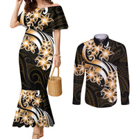 Plumeria Tribal Tattoo Couples Matching Mermaid Dress and Long Sleeve Button Shirt Gold Polynesian Pattern