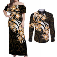 Plumeria Tribal Tattoo Couples Matching Off Shoulder Maxi Dress and Long Sleeve Button Shirt Gold Polynesian Pattern