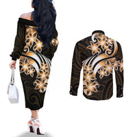 Plumeria Tribal Tattoo Couples Matching Off The Shoulder Long Sleeve Dress and Long Sleeve Button Shirt Gold Polynesian Pattern