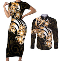Plumeria Tribal Tattoo Couples Matching Short Sleeve Bodycon Dress and Long Sleeve Button Shirt Gold Polynesian Pattern