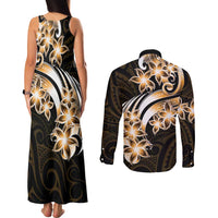 Plumeria Tribal Tattoo Couples Matching Tank Maxi Dress and Long Sleeve Button Shirt Gold Polynesian Pattern