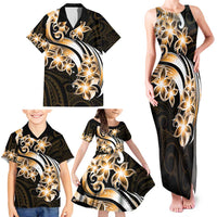 Plumeria Tribal Tattoo Family Matching Tank Maxi Dress and Hawaiian Shirt Gold Polynesian Pattern
