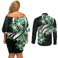 Plumeria Tribal Tattoo Couples Matching Off Shoulder Short Dress and Long Sleeve Button Shirt Green Polynesian Pattern