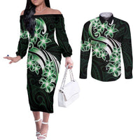 Plumeria Tribal Tattoo Couples Matching Off The Shoulder Long Sleeve Dress and Long Sleeve Button Shirt Green Polynesian Pattern