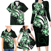 Plumeria Tribal Tattoo Family Matching Long Sleeve Bodycon Dress and Hawaiian Shirt Green Polynesian Pattern LT9 - Polynesian Pride