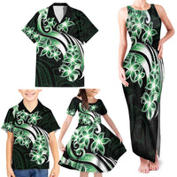 Plumeria Tribal Tattoo Family Matching Tank Maxi Dress and Hawaiian Shirt Green Polynesian Pattern
