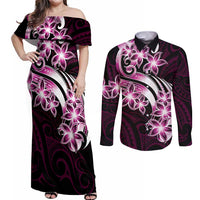 Plumeria Tribal Tattoo Couples Matching Off Shoulder Maxi Dress and Long Sleeve Button Shirt Pink Polynesian Pattern