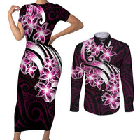 Plumeria Tribal Tattoo Couples Matching Short Sleeve Bodycon Dress and Long Sleeve Button Shirt Pink Polynesian Pattern