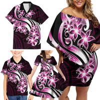 Plumeria Tribal Tattoo Family Matching Off Shoulder Short Dress and Hawaiian Shirt Pink Polynesian Pattern