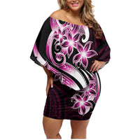 Plumeria Tribal Tattoo Family Matching Off Shoulder Short Dress and Hawaiian Shirt Pink Polynesian Pattern