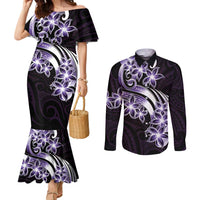 Plumeria Tribal Tattoo Couples Matching Mermaid Dress and Long Sleeve Button Shirt Purple Polynesian Pattern