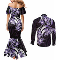 Plumeria Tribal Tattoo Couples Matching Mermaid Dress and Long Sleeve Button Shirt Purple Polynesian Pattern