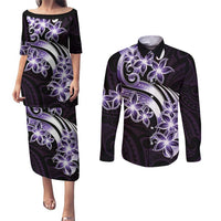 Plumeria Tribal Tattoo Couples Matching Puletasi and Long Sleeve Button Shirt Purple Polynesian Pattern