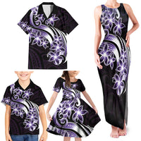 Plumeria Tribal Tattoo Family Matching Tank Maxi Dress and Hawaiian Shirt Purple Polynesian Pattern