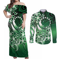 Cook Islands Tattoo Couples Matching Off Shoulder Maxi Dress and Long Sleeve Button Shirt Plumeria Polynesian Pattern