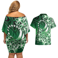 Cook Islands Tattoo Couples Matching Off Shoulder Short Dress and Hawaiian Shirt Plumeria Polynesian Pattern