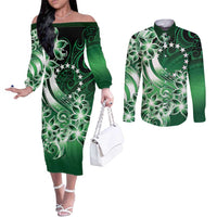Cook Islands Tattoo Couples Matching Off The Shoulder Long Sleeve Dress and Long Sleeve Button Shirt Plumeria Polynesian Pattern